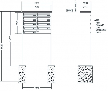 RENZ Briefkastenanlage freistehend, Tetro, Edelstahl V4A, Kastenformat 370x110x270mm, 9-teilig